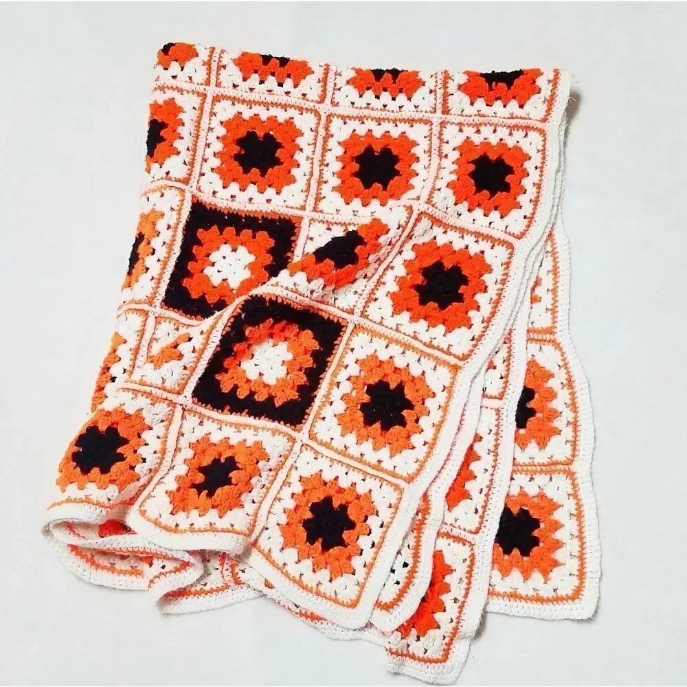 VINTAGE Granny Square Handmade Orange Afghan Throw